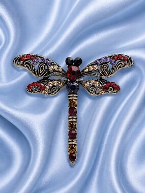 Dragonfly Red Crystal Gold Brooch